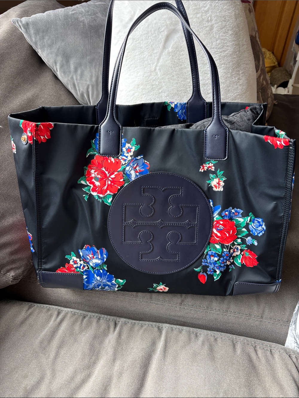 Tory Burch Black and Navy Floral Tote Bag
